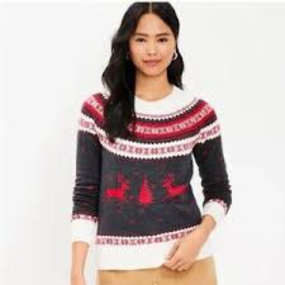 Loft Women's Red & Black Fair Isle Reindeer Sweater